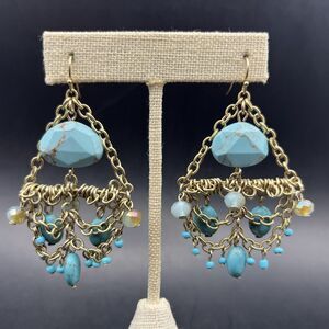Boho Chandelier Dangle Earrings Turquoise Color Gemstone Gold Tone Festoon Bold